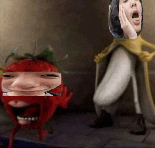 a cartoon character with a strawberry face and a woman 's face on it