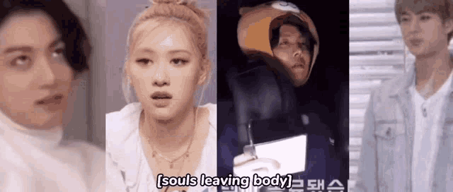 a group of people are standing next to each other and the words souls leaving body are written on the bottom .