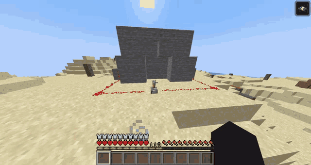 a screenshot of a minecraft game with a few hearts on the bottom