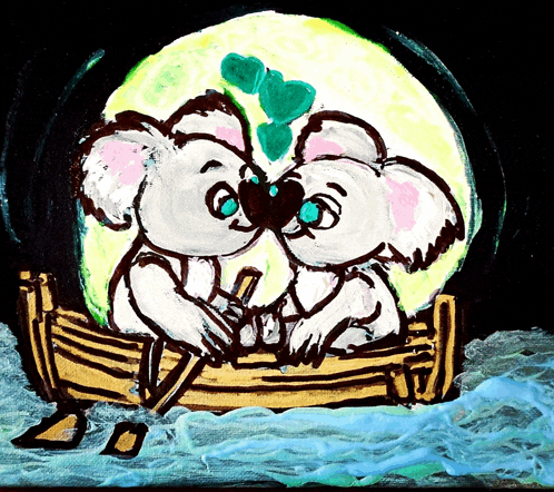 a painting of two koalas kissing in a boat in front of a full moon