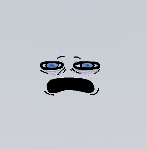 a cartoon face with blue eyes and a black mouth on a white background