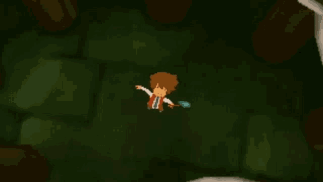 a cartoon character is flying through a dark room