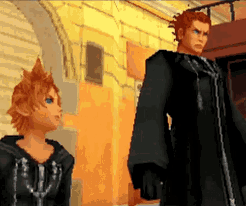 two cartoon characters are standing next to each other in a video game
