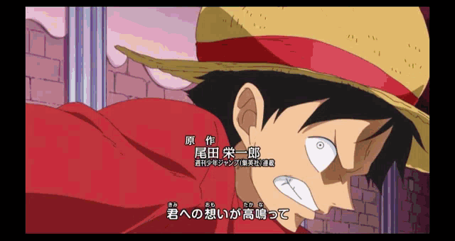 a cartoon of luffy from one piece with chinese writing on the bottom