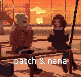a pixel art illustration of two people sitting on a bench with the words patch & nana above them
