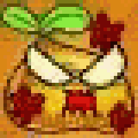 a pixel art of a cartoon character with a green leaf and a red flower on a yellow background .