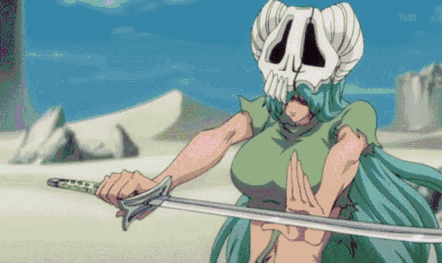 a woman with a skull mask on her face is holding a sword in front of a tv screen that says tvn