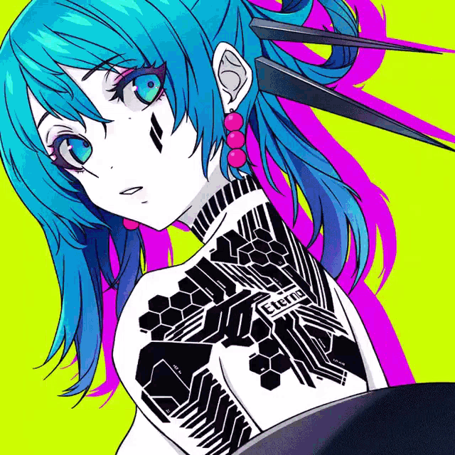 a drawing of a girl with blue hair and a tattoo on her chest that says " e12 "