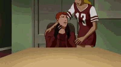 a cartoon character is sitting at a table with a woman standing behind him .