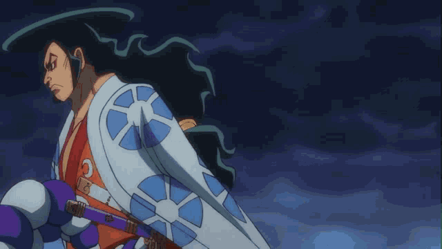 a man in a kimono is holding a sword and says i wasn 't expecting a war