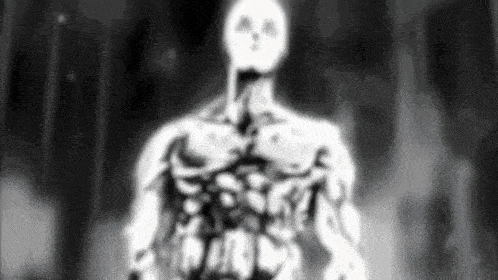 a black and white drawing of a skeleton standing in the dark .