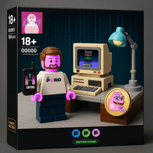 a lego set with a man standing in front of a computer and a coin that says enter pond