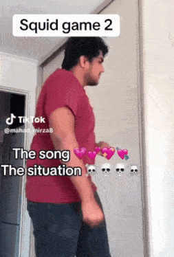 a man in a red shirt is dancing in front of a door with the words squid game 2 the song the situation on the bottom