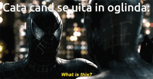 a spider man says what is this in front of a city background