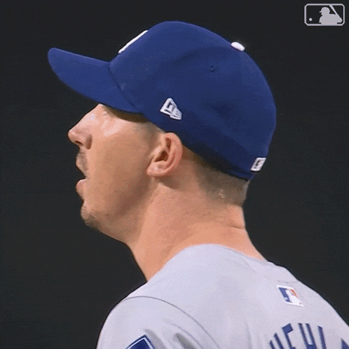 a man wearing a dodgers hat and jersey