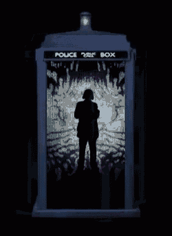 a police box with a picture of a man inside