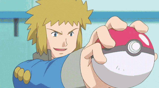 a cartoon character is holding a red and white ball in his hand