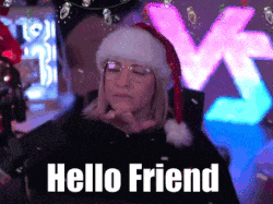 a woman wearing a santa hat says hello friend in front of a neon sign