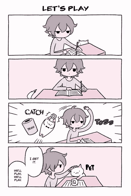a cartoon of a girl sitting at a desk with the words let 's play written on it