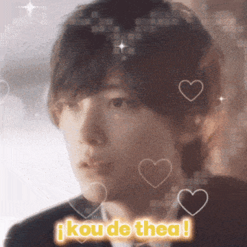 a picture of a young man with hearts and the words ikoude thea