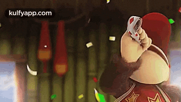 a cartoon character is holding a can of soda in his hand while confetti is falling around him .