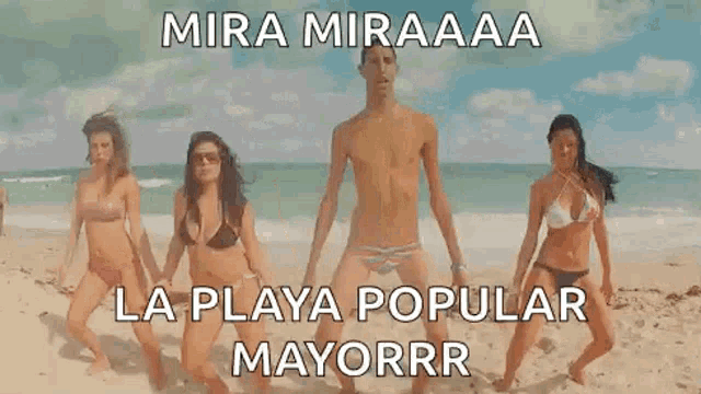 a group of women in bikinis are dancing on a beach .