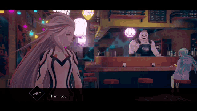 a screenshot of a video game where a character says thank you