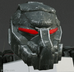 a 3d model of a robot 's helmet with red eyes