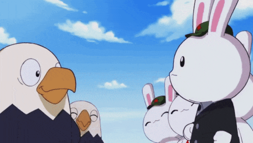 a group of cartoon characters including an eagle and a rabbit