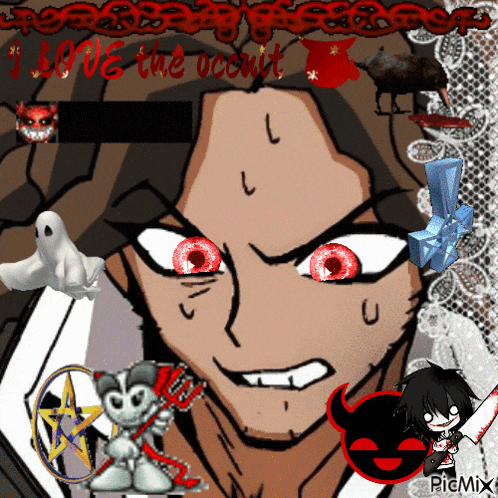 a cartoon drawing of a man with red eyes and the words i love the occuint