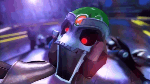 a robot with red eyes and a green head