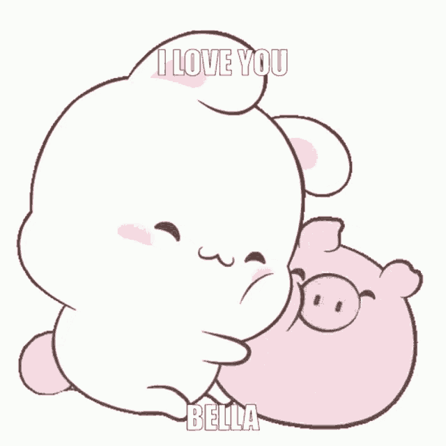 a cartoon of a rabbit and a pig with the words " i love you bella " on the bottom