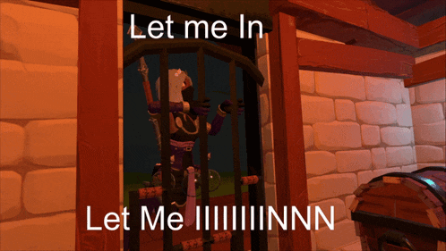 a video game character is behind bars and says let me in let me iiiiinnn