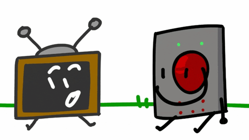 a cartoon drawing of a tv with antennas and a red button in the background