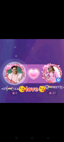 a man and a woman are standing next to each other in a purple background with the words love on the bottom