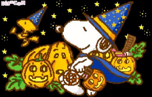 a pixel art drawing of snoopy wearing a witch hat surrounded by pumpkins