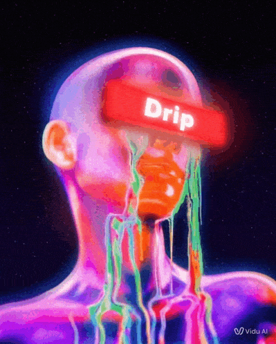 a colorful painting of a man with the word drip written on his head