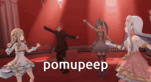 a group of anime characters are dancing with the word pomupeep in the upper right corner