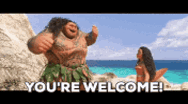 a man and a woman are standing on a beach with the words `` you 're welcome '' written on the screen .