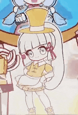 a drawing of a girl wearing a top hat and a yellow dress .