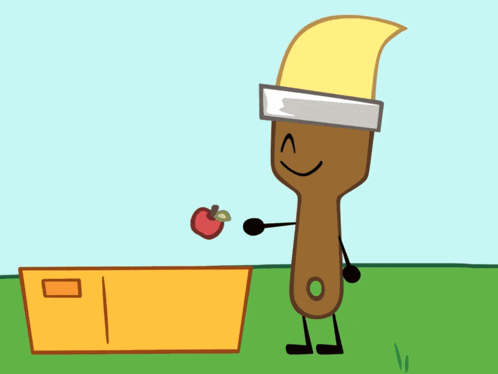 a cartoon drawing of a paint brush holding an apple in front of a box