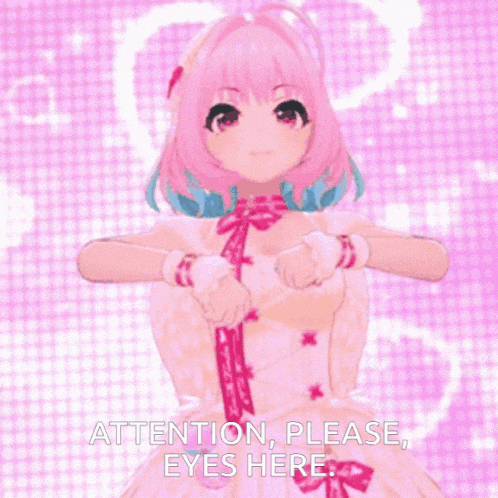 a girl in a pink dress is saying " attention please eyes here "