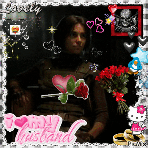 a picture of a woman with a bouquet of red roses and the words " i love my husband " on the bottom