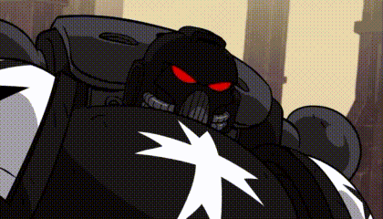 a cartoon drawing of a robot with red eyes and a white star on its chest