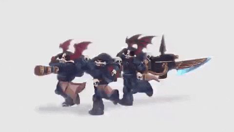 a group of toy soldiers are walking in a line holding guns and swords .