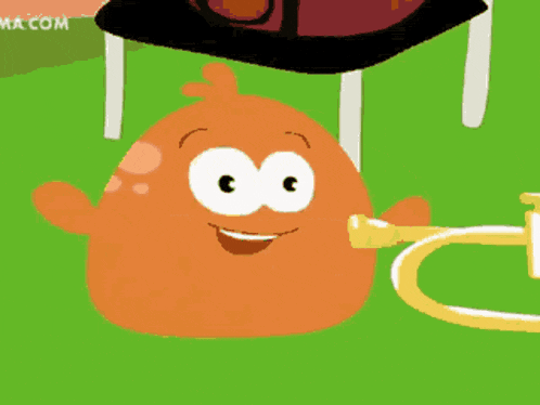 a cartoon character is playing a trumpet with the website macom in the background