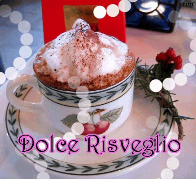 a cup of coffee with whipped cream on top and the words dolce risveglio written above it
