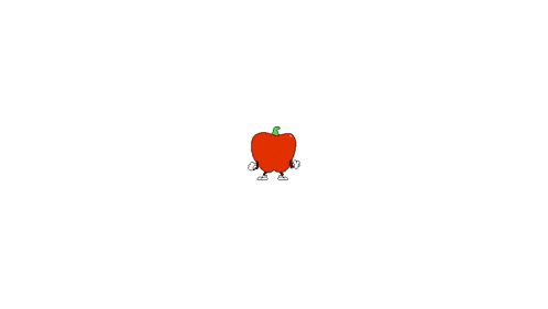 a cartoon drawing of a red apple holding a purple letter p