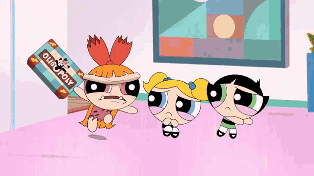 three cartoon girls are standing next to a monopoly board
