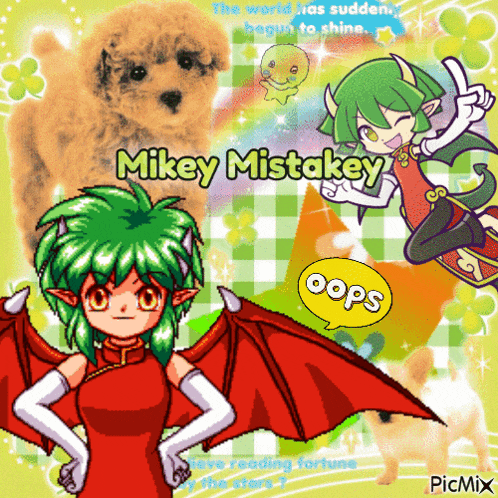 a cartoon character named mikey mistakey is standing in front of a dog